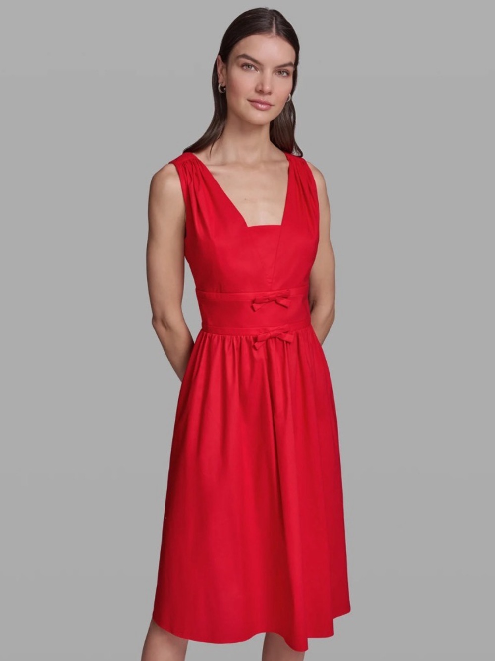Karl Lagerfeld Red Sleeveless Midi Dress with Waist Bow